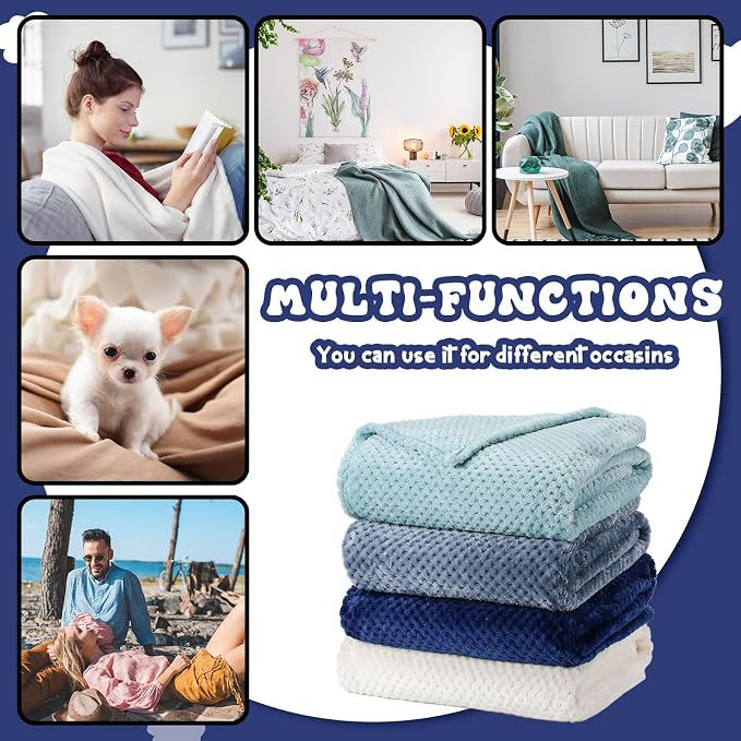 Newwiee 4 Pcs Fleece Throw Blanket, 3D Waffle Textured,Gradient Blue | Soft Lightweight Set for Couch Bed Sofa, Warm Winter Throws, No Shedding Pilling, Flannel Waffle Texture, 50x60 Inch
