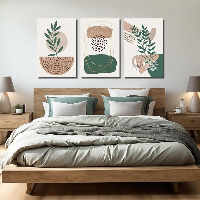 DNIEOTU Bohemian Wall Art for Living Room, Boho Botanical Wall-Decor for Bedroom, Minimalist Geometric Shapes Picture Prints, Size 24 x 36 Inches 3-Pieces
