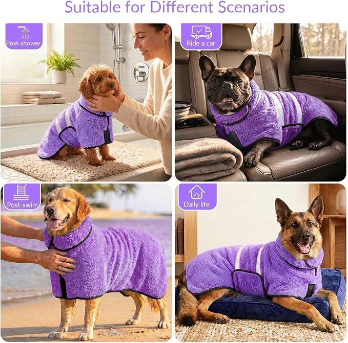 Dog Bathrobe, Super Absorbent for Small to Large Dogs, Light Purple 2XL | Dog Robes with Soft Fleece, Warm & Cozy, Adjustable Fit, and Quick Drying Coat for Baths Swimming and Grooming