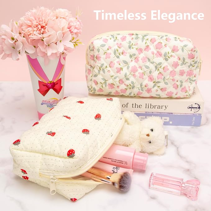 PAZIMIIK Small Quilted Makeup Bag,Zipper Cosmetic Pouch,Gauze Strawberry | Lightweight Cosmetic Bag Organizer for Women,Purse Storage Holds Makeup,Toiletries,Skincare,Beauty Essentials,Travel Items