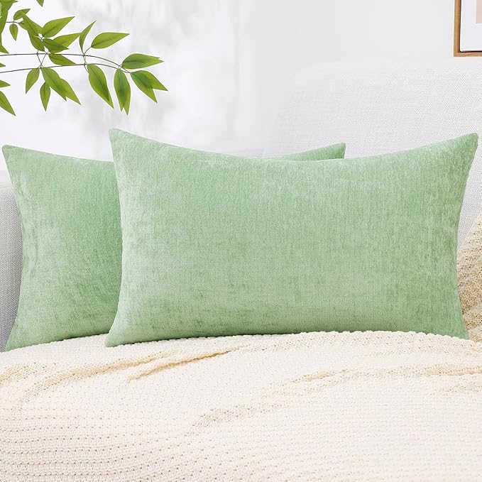 decorUhome Soft Chenille Sage Green Throw Pillow Covers 12X20 Set of 2 | Decorative Fall Couch Pillow Covers Solid Dyed Accent Modern Farmhouse Neutral Rectangle Pillow Cases for Sofa