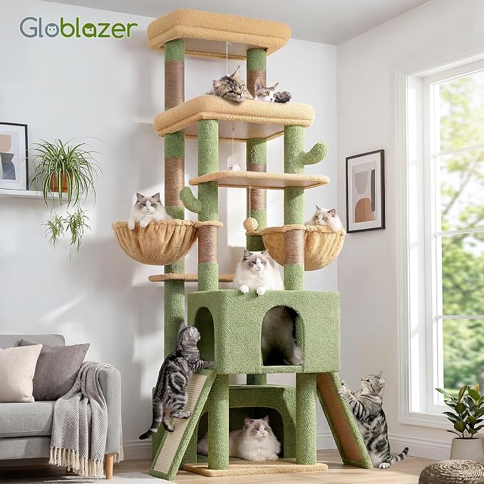 Globlazer Heavy Duty Cat Tree 78 inch Sturdy Cactus Cat Tower for 20lbs Large Adult Cats, Symmetrical Aesthetic Big Cactus Cat Tree with Extra Large Platform, 2 Scratching Boards, Z78, Green