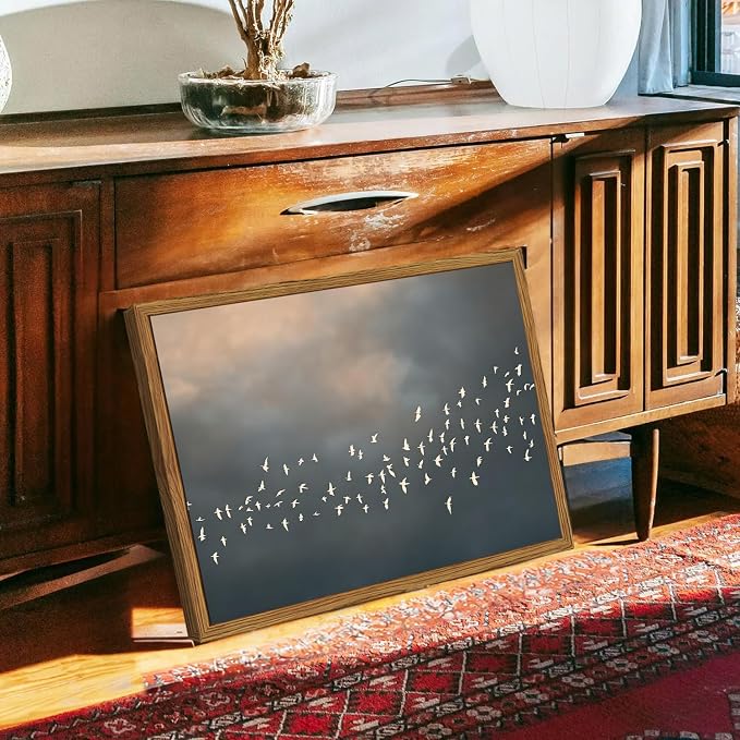 Framed Vintage Flying Bird Canvas Wall Art, Minimalist Abstract Flock of White Birds Pictures Wall Decor, Rustic Nature Wildlife Paintings Prints for Living Room Bedroom Bathroom 12x16 inch