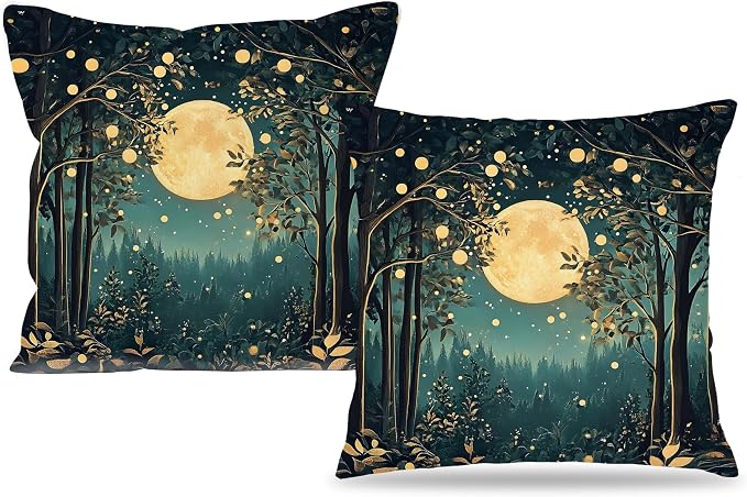 Rustic William Morris Inspired Night Moon Forest Decor Pillow Covers 18x18 Set of 2,Vintage Black and Gold Nature Landscape Botanical Decorative Throw Pillow Covers for Home Bedroom Living Room