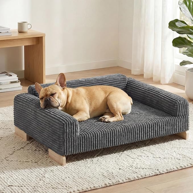 Veehoo Elevated Dog Bed Indoor, Wood Furniture Style Dog Couch Sofa | Small medium dogs sofa, sturdy wood frame, washable cover, easy assembly, supportive foam