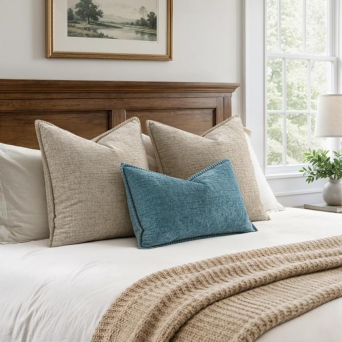 MIULEE Decorative Lumbar Throw Pillow Covers 12x20 Inch Smoke Blue 2 Pack | Farmhouse Pillow Covers with Stitched Edge, Soft Chenille Cushion Cases, for Couch Sofa Bed Living Room Home Decor