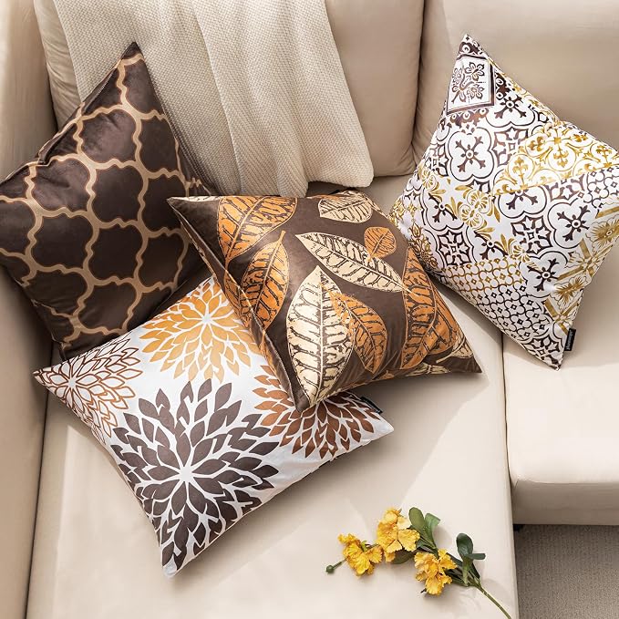 Phantoscope Set of 4 New Living Series Velvet Pillows Leaf Geometric Throw Decorative Velvet Pillow Cover Cushion Cover, Dark Coffee 20 x 20 inches 50 x 50 cm