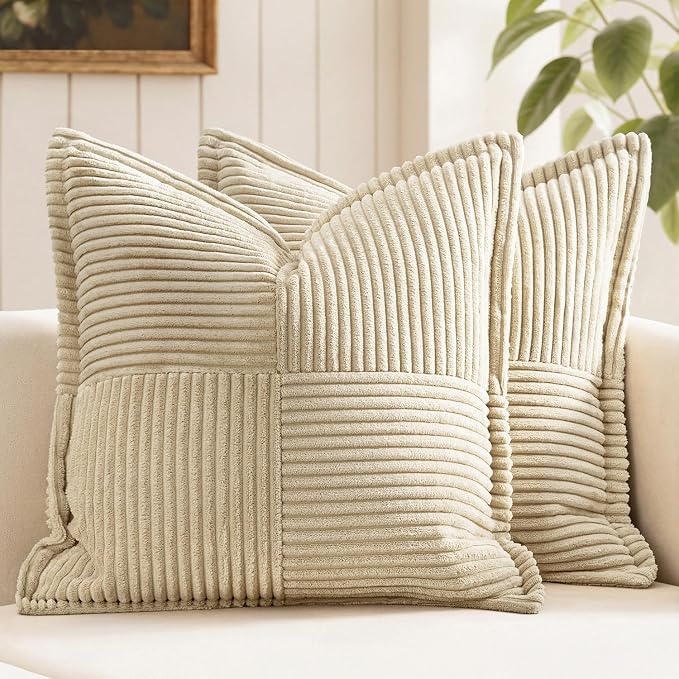 MIULEE Decorative Throw Pillow Covers for Couch 18x18 Inch Cream 2 Pack | Boho Broadside Striped Patchwork Pillow Covers, Soft Corduroy Cushion Cases, For Sofa Bed Livingroom Home Decor