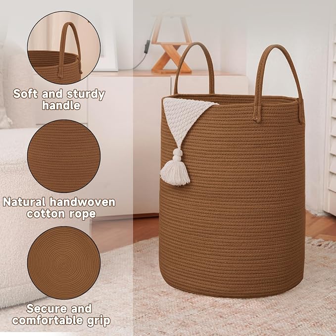 JMvicyroam 60L Cotton Rope Laundry Basket Hamper, Golden Jute | Collapsible Laundry Basket, Reinforced Handles, Freestanding, Machine Washable, Holds 3-5 Thick Blankets, Clothes or Toys