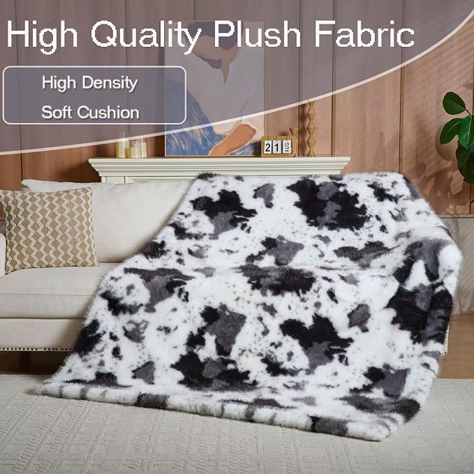 Luxury Fluffy Faux Fur Throw Blanket,Thick Fluffy Silky Fuzzy Cozy Blanket,Plush Blankets for Couch, Sofa, Chair, Bed-Black&Grey Cow-50 * 60inch