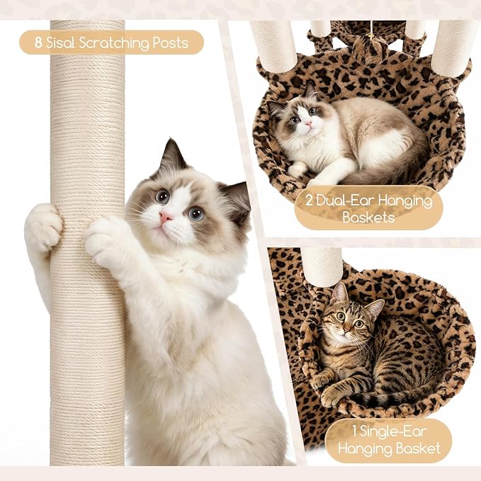 Globlazer Extra Large Leopard Cat Tree 82in Tall Heavy Duty Cat Tree for Indoor Cats Large Adult Big Cat Tower with 8 Scratching Posts, 2 Condos, 2 Padded Perches, 3 Baskets, S82, Leopard Print