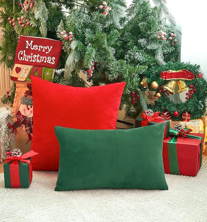 Pack of 2 Christmas Green Pillow Covers 12x20 Inch Decorative Throw Pillow Cover, Velvet Lumbar Emerald Pillowcases for Couch Sofa Bed, Home Boho Decor, Modern Soft Cushion Covers