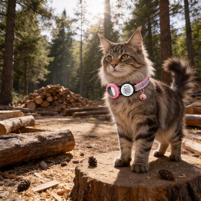 Waterproof Breakaway Cat Collar with AirTag Holder & Smart QR ID Tag - Reflective Safety Tracker Collar for Cats, Kittens, Puppies-Compatible with Apple AirTag, GPS Tracking for Girl&Boy Pets (Pink)