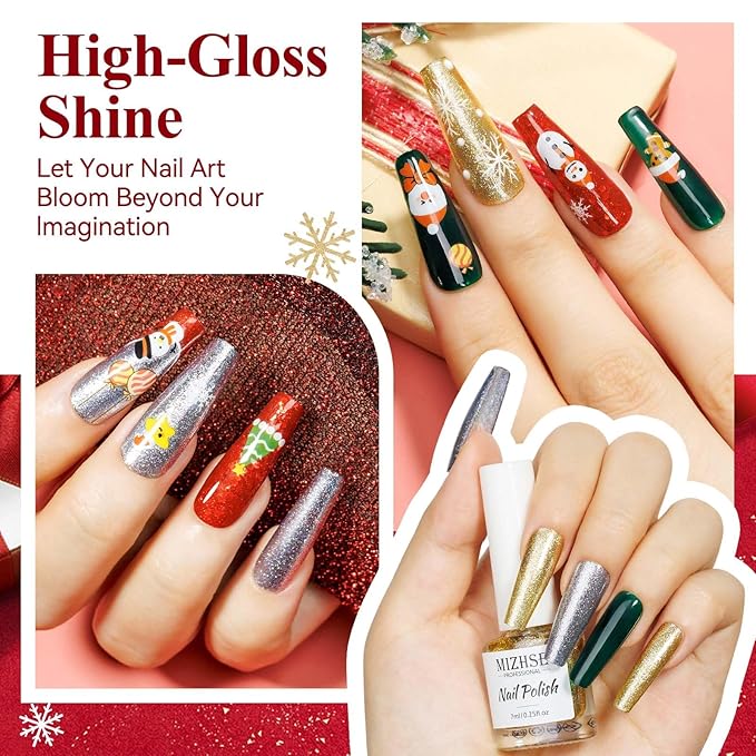 MIZHSE Quick Dry Christmas Nail Polish Set with Sticker, 6 Colors Red Green White Gold Sliver Sparkle Polish, Fast Drying Nail Polish Set Manicure Gift for Women