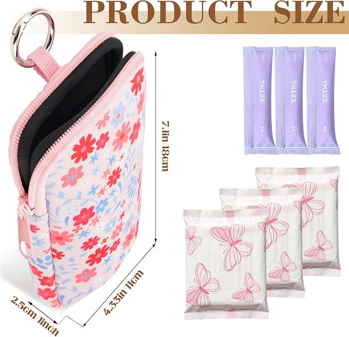 2 Pack Portable Tampon Holder Zippered Pouch with Snap Hook, Waterproof Travel-Friendly Discreet Period Bag, Feminine Products Organizer for Women Purse (Floral)