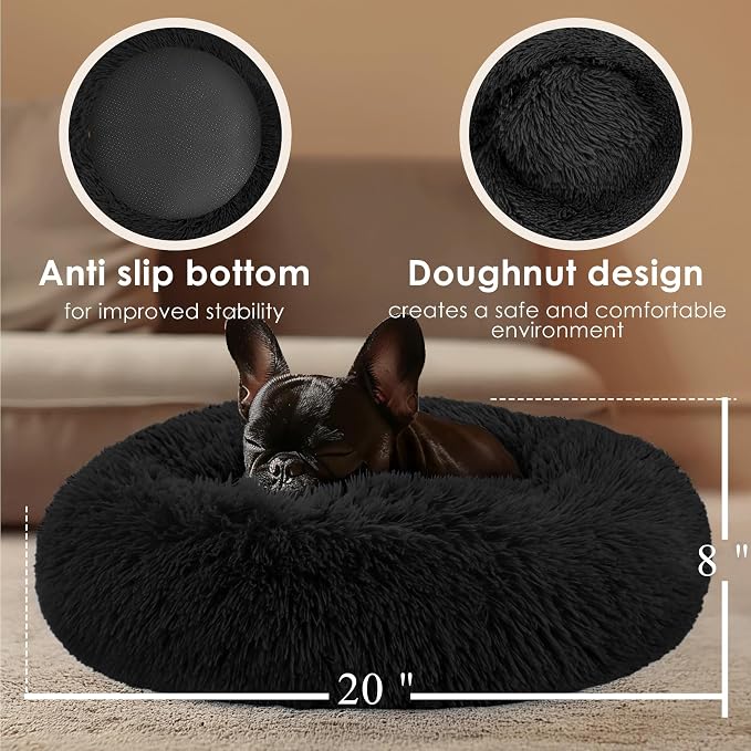 Hoewina Dog & Cat Bed, 20in Cat Beds for Indoor Cats, Calming Donut Bed for Puppy and Kitten, Washable Round Fluffy Pet Bed for Small Medium Dogs and Cats (Black)