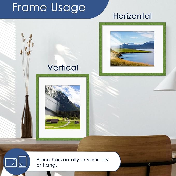 11x14 Picture Frame Set of 6, Wall or Tabletop Display, Green | Display Pictures 8x10 with Mat or 11x14 Without Mat, Horizontal or Vertical, Gallery Wall Frame Set, Wedding Birthday Gifts