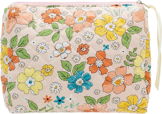 PAZIMIIK Quilted Makeup Bag Large Travel Zipper Soft Cosmetic Pouch for Women Girls Make Up,Floral Orange