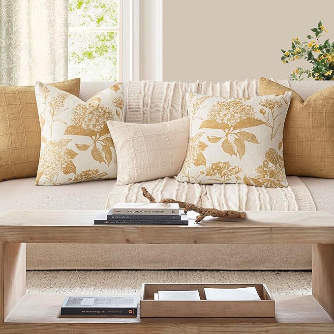 Foindtower Set of 2 Linen Floral Vintage Throw Pillow Covers Neutral Accent Print Decorative Cozy Cushion Covers Farmhouse Home Decor for Sofa Chair Couch Bed Living Room,22×22 Inch,Light Yellow