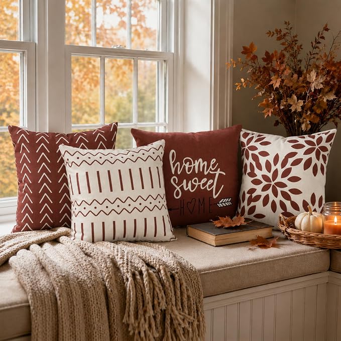 YCOLL Rust Linen Pillow Covers 20x20 Set of 4, Home Sweet Home Farmhouse Throw Pillow Covers, Holiday Decorative Cushion Covers for Sofa Couch Bed, Autumn Rustic Fall Decor