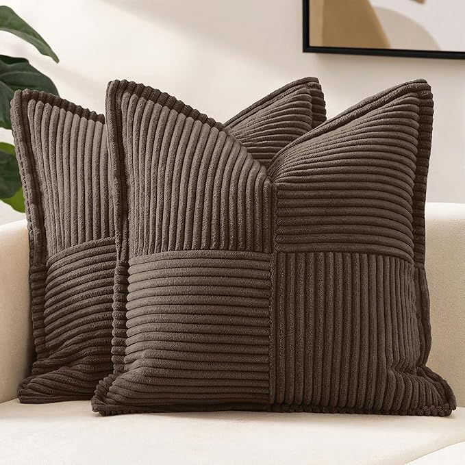 MIULEE Decorative Throw Pillow Covers for Couch 18x18 Inch Dark Brown | 2 Pack, Boho Broadside Striped Patchwork Pillow Covers, Soft Corduroy Cushion Cases, For Sofa Bed Livingroom Home Decor