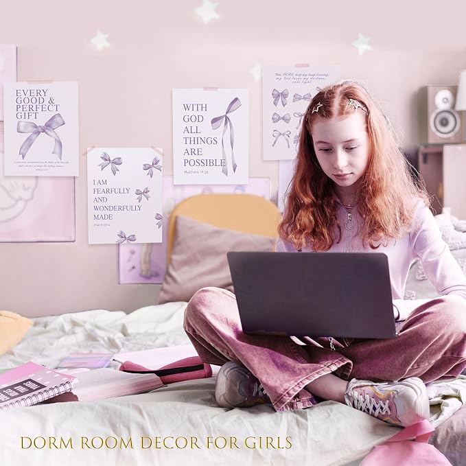 LARTSFRO Coquette Purple Bow Wall Art Decor Posters, Purple Bow Christian Room Bedroom Bathroom Dorm Wall Art Decor for College Teen Girls Kids Gifts, Inspirational Bible Verses Bow Wall Decor, 10x8 Inch Set of 4 Pcs Bow Pictures (UNFRAMED)