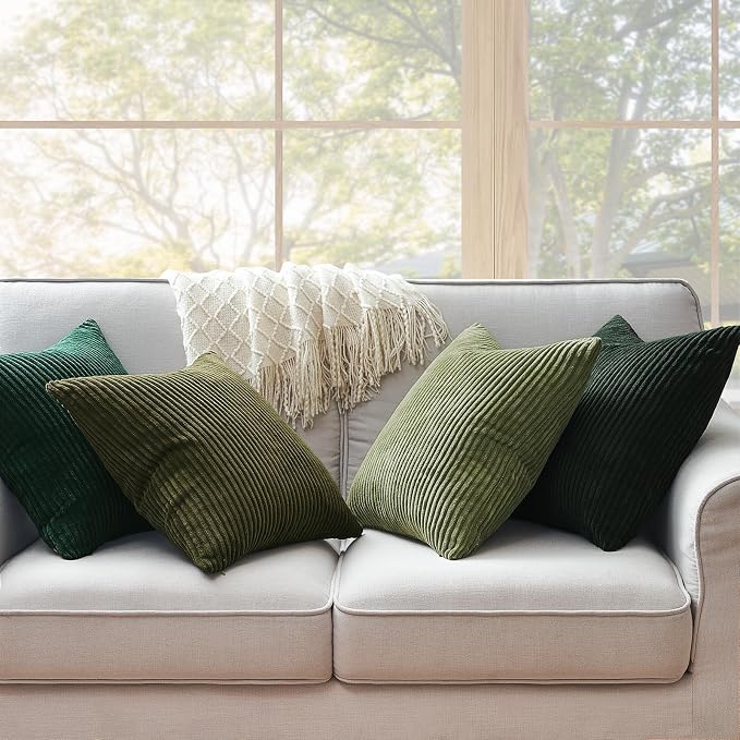 Topfinel Christmas Decorative Throw Pillow Covers Green Series,Winter Fluffy Corduroy Striped Euro Pillows Shams for Couch Bed Bedroom,Western Modern Hunter Green Pillowcase 24x24 Inch Set of 4