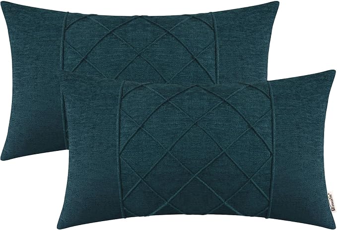 BRAWARM Chenille Throw Pillow Covers 12x20 Inches, Deep Lagoon, 2 Pack | Decorative Lumbar Pleated Pillow Covers, Soft Cushion Cases for Sofa Bed Living Room Home Farmhouse (No Insert)