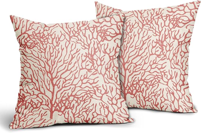 Nautical Coastal Pillow Covers 16x16 Inch Set of 2 Summer Ocean Beach Coral Orange Decorative Pillow Cases Outdoor Linen Cushion Cover Farmhouse Decor for Bedroom Home Sofa Couch Bed