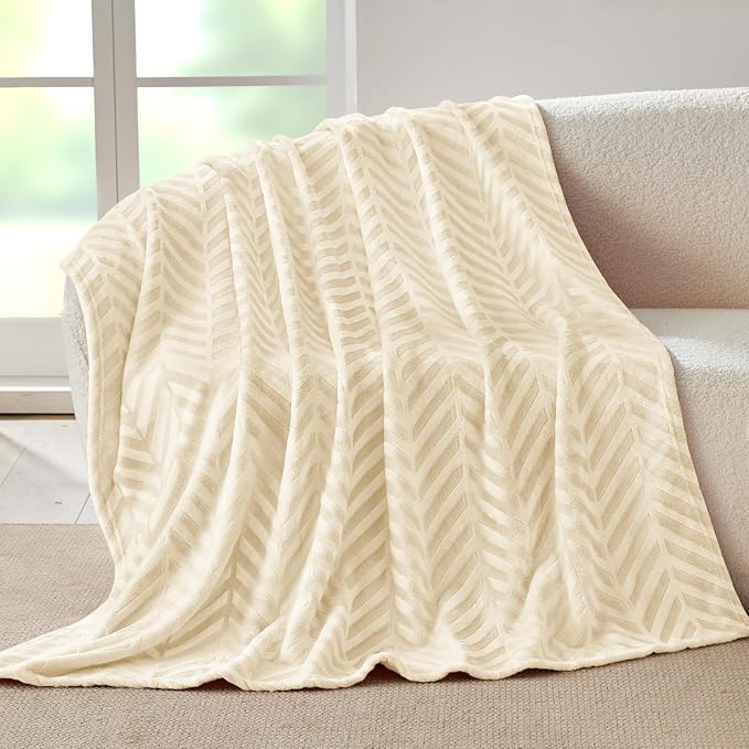 Whale Flotilla Flannel Fleece Fall Throw Blanket for Couch, Ivory | Lightweight Breathable Soft Sofa Throws, Plush Fluffy Chevron Design Decorative Blankets for Home Life, 50x60 Inch