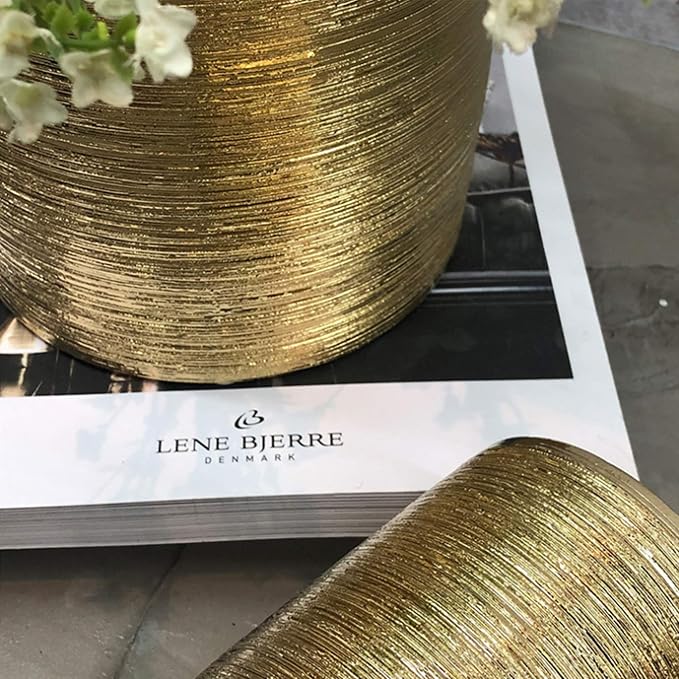 WGV Ceramic Cylinder Vase Width 5" Height 12" Elegant Unique Modern Matte Floral Container Planter Pot Centerpiece for Event Party Wedding Office Home Decor, Gold Textured 1 Piece