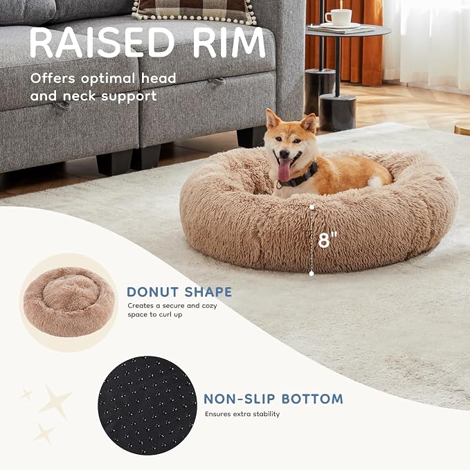 DUMOS 37.4 Inch Large Donut Dog Bed for Indoor Use, Fluffy Faux Fur Plush | Warming Cozy Round Pet Bed, Machine Washable Cuddler, Anti-Slip Bed for Dogs and Cats, Brown