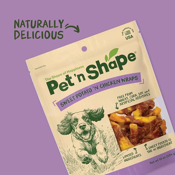 Pet 'n Shape Sweet Potato Chews Jerky Dog Treats - 1 Pound | Premium chicken breast, Sweet potato recipe, Limited ingredients, Wheat and soy free, Bite-sized snack, For all life stages