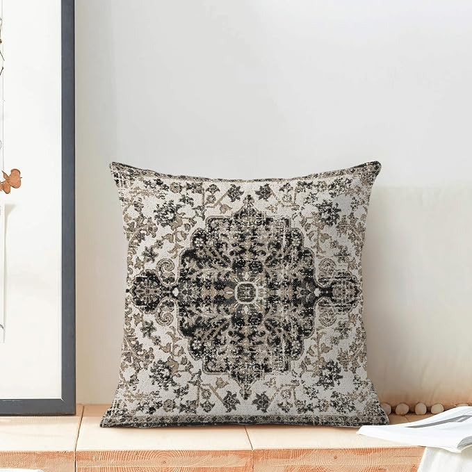 AEIOAE Boho Pillow Covers 24x24 Inch Set of 2,Carpet Pattern Throw Pillows Case,Black White Grey Ethnic Design Outdoor Decorative Square Linen Farmhouse Decor Cushion Covers for Home Sofa Bed Couch