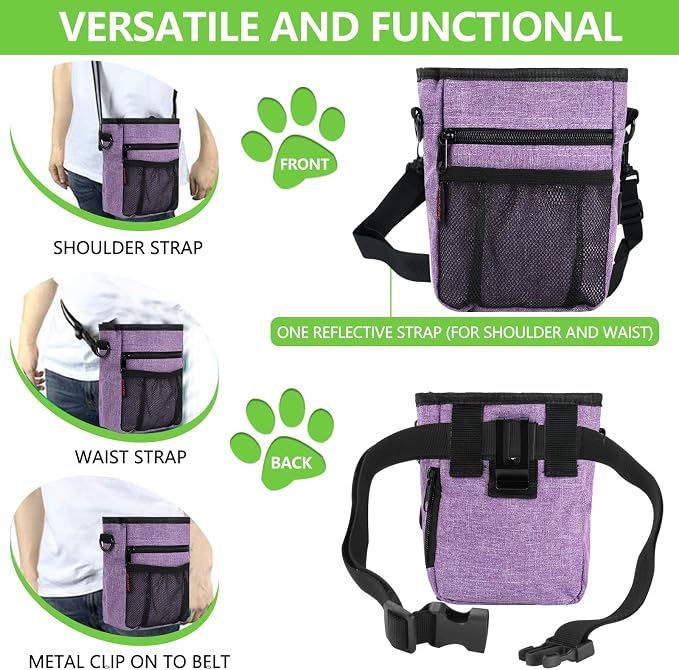 kissleaf Dog Treat Pouch, Magnetic Closure, Dog Clicker- Purple