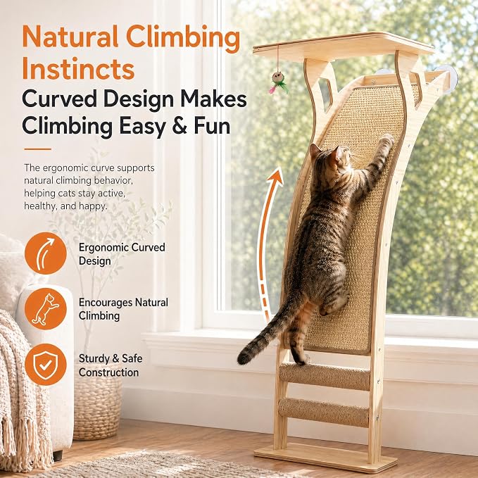 Cat Window Perch with Scratcher Ramp, 48-Inch Tall Wooden Climbing Tree | Fits Windows 13 Inches Wide or More;Heavy-Duty Suction Cups; Drill-Free; Sisal Scratching Mat; Holds Up to 45 lbs