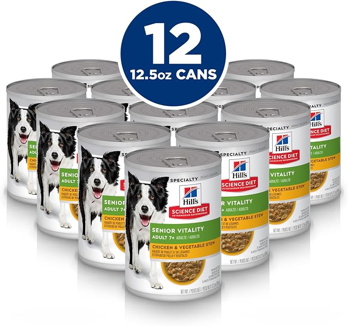 Hill's Science Diet Adult 7+ Senior Vitality Wet Dog Food | #1 Veterinarian Recommended, Chicken & Vegetable Stew, 12.5 oz. Cans, 12-Pack