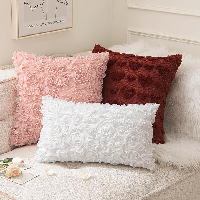 MIULEE Decorative Rose Flower Pillow Cover Pack of 1 Peach Pink 20x20 Inch | Cute Romantic Stereo Chiffon Throw Pillow Cover Aesthetic Solid Pillowcase for Girl Coquette Room Decor Coach Bedroom
