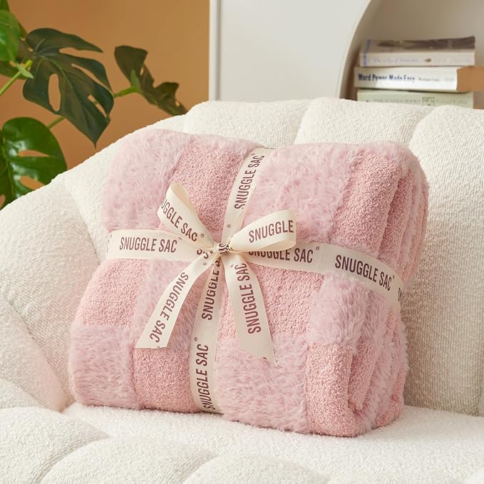 Snuggle Sac Checkered Throw Blanket,Fluffy Faux Fur Knitted with Soft Microfiber Warm Throw Blankets for Couch, Sofa, Chair, Bed, Camping, Picnic, Travel, Solid Pink, 50x60 inches