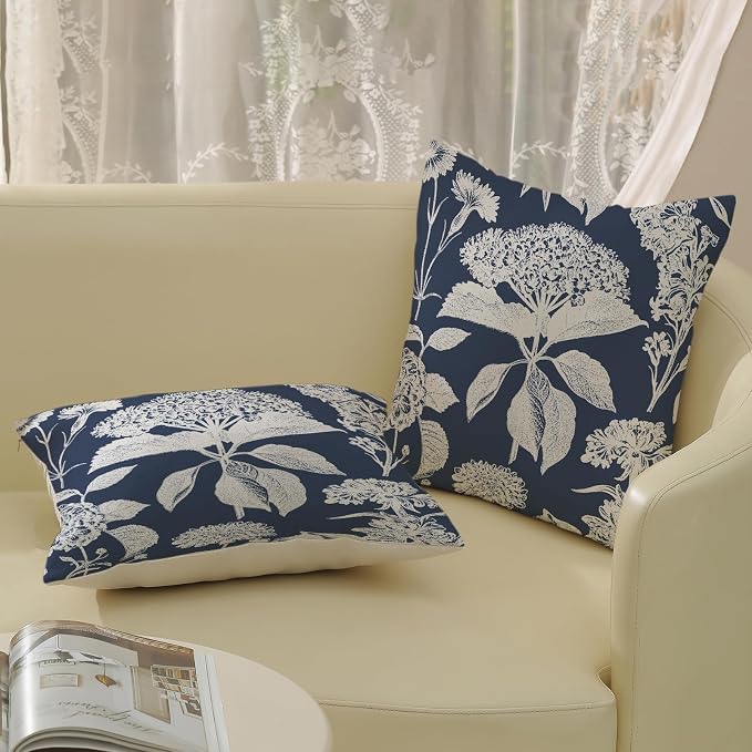 Floral Pillow Covers 18x18 Set of 2 Blue Beige Hydrangea Herbs Botanical Throw Pillow Covers Outdoor Decor Vintage Boho Flower Pillowcase Farmhouse Decorative Linen Cushion Case for Couch Sofa