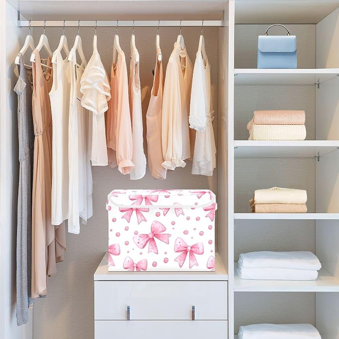 Bows and Polka Dots Storage Bins with Lids and Carrying Handle,Foldable Storage Boxes Organizer Containers Baskets Cube with Cover for Home Bedroom Closet Office