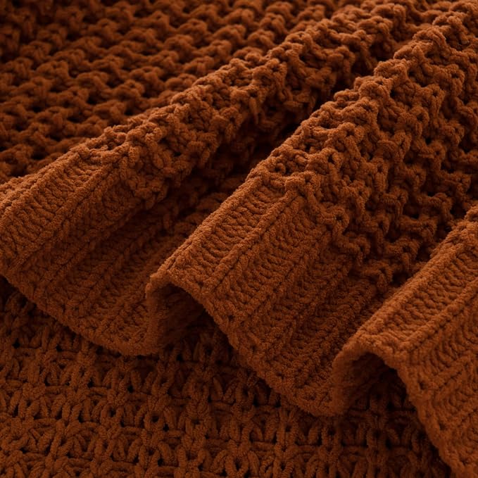 Waffle Knit Blanket Throw, Fall Caramel Throw Blanket for Couch, 60"x80" | Chunky Chenille Throw Blanket, Soft Rust Throw Blanket for Home Decor, Autumn, Sofa, Modern Farmhouse Knitted Style