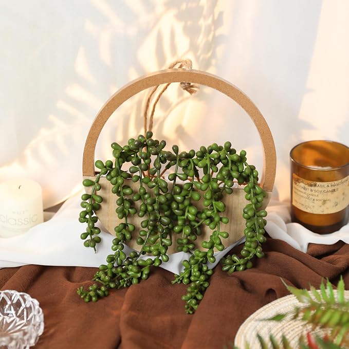 2pcs Artificial Succulents Hanging Plants 20.1'' Fake String of Pearls in Pot with 9.4'' Lanyard for Indoor Outdoor Wall Decor（Wood Color）