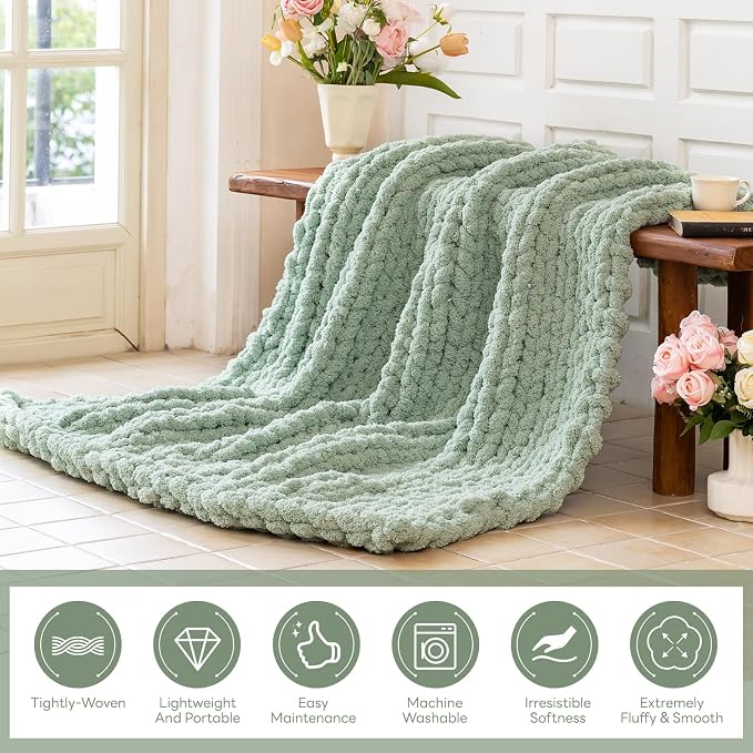 Chunky Knit Blanket - Luxury Soft Cozy 60 * 80 Throw Blanket,100% Woven Blanket Rope Knot Throw Blanket for Couch, Sofa, Home Decor, Gift - Machine Washable (Sage Green, 60 * 80)