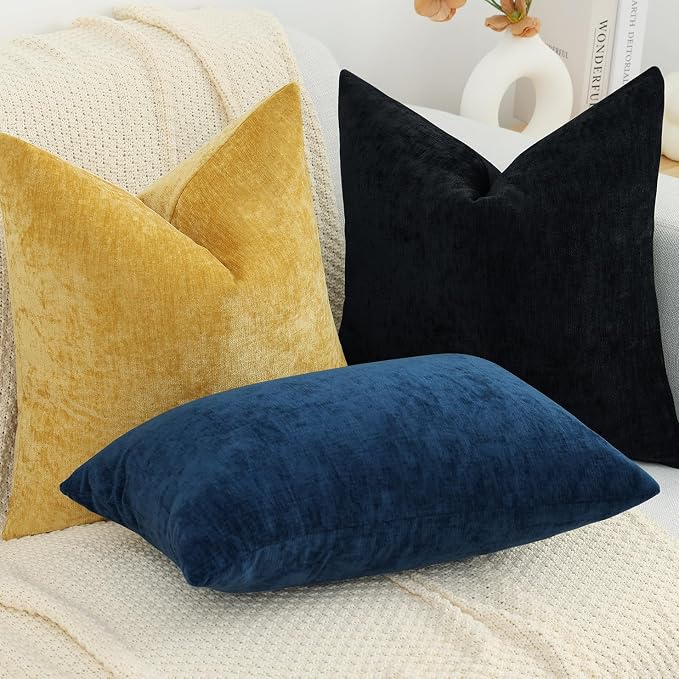 decorUhome Soft Chenille Black Throw Pillow Covers 20X20 Set of 2 | Decorative Fall Couch Pillow Covers Solid Dyed Accent Modern Farmhouse Neutral Square Pillow Cases for Sofa