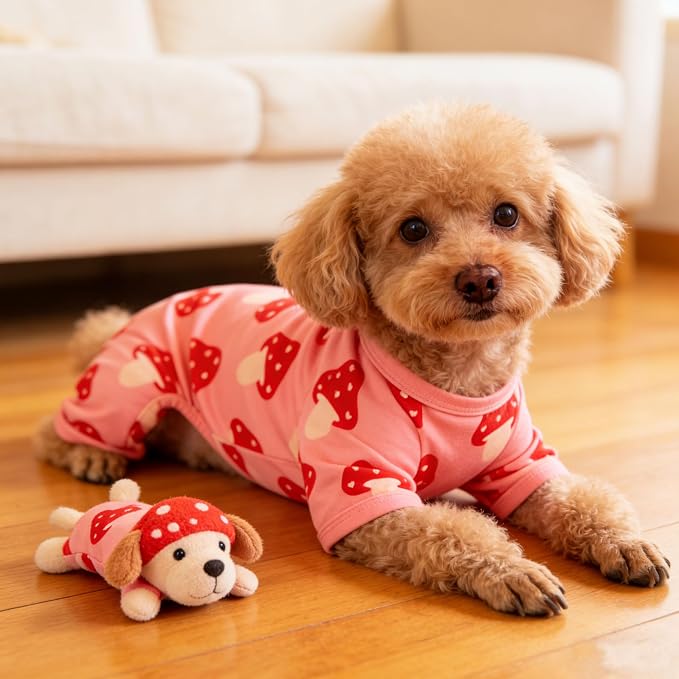 Dog Pajamas Summer Cute Print Puppy Jumpsuit Thin Dog Onesie Small Dog Clothes with Comfy & Elastic Frbic Puppy Pjs(Peach Mushroom, Large)