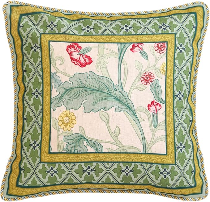 patdrea Designer French Vintage Linen Throw Pillow Cover,18"x18"-Cecilia C | Decorative Pillow Case with Zipper,Green Floral Pattern,Cushion Coverfor Couch Living Room Bedroom Sofa