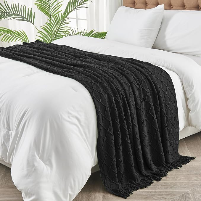 inhand Black Knitted Throw Blanket for Couch and Bed, 60"x80" | Soft Cozy Knit Blanket with Tassel, Lightweight Decorative Blankets and Throws, Farmhouse Warm Woven for Men and Women