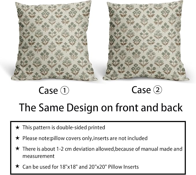 Brown Green Floral Block Print Pillow Covers 16x16 Inch Set of 2, Vintage Flower Pattern Decorative Throw Pillowcases Outdoor Farmhouse Cushion Covers Spring Summer Rustic Sofa Couch Bed Decor