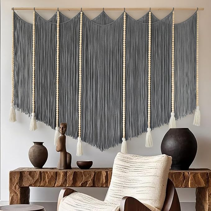 Jakalin Macrame Wall Hanging Grey Woven Yarn Large Boho Wall Art 57" x 43" | Handwoven Cotton, Fiber Wall Art, Grey Dip dye Design, Home Decor Boho, Macrame Yarn, Living Room, Bedroom Wall Decor